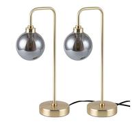 firstchoicelighting Set of 2 Brushed Gold Brass Table Lamps or Bedside Lights with Smoked Glass Globe Shade, Height 38cm, LED Compatible