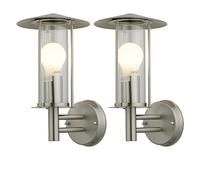 firstchoicelighting Set of 2 Brushed Stainless Steel Outdoor Wall Lights Modern Porch Lights Garden Lantern Wall Light IP44 Rated LED Compatible