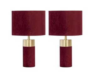 firstchoicelighting Set of 2 Burgundy with Brass Detail Table Lamps or Bedside Lights, Modern Velvet Design Lamps, Height 40cm, LED Compatible