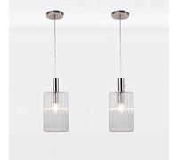 firstchoicelighting Set of 2 Chrome & Clear Ribbed Glass Pendant Light Fittings, Kitchen Island Dining Ceiling Light, Height Adjustable 40cm - 100cm, LED Compatible
