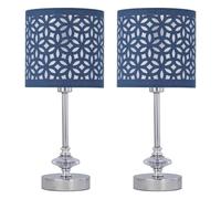 firstchoicelighting Set of 2 Chrome Table Lamps or Bedside Lights, Modern Acrylic Crystal Design, Navy Blue Cut Out Shades, Height 35cm, LED Compatible