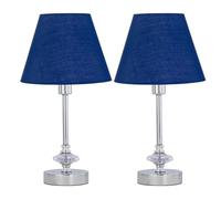firstchoicelighting Set of 2 Chrome Table Lamps or Bedside Lights, Modern Jewelled Design, Navy Blue Shade, Height 35cm, LED Compatible