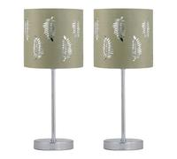 firstchoicelighting Set of 2 Chrome Table Lamps or Bedside Lights, Modern Touch Operated Design, Sage Green Fern Shade, Height 35cm, LED Compatible