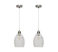 firstchoicelighting Set of 2 Clear Fluted Glass Ceiling Light Pendants with Satin Nickel and Cable, Height Adjustable 23-130cm, Kitchen Island Dining Lighting