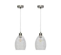 Set of 2 Clear Fluted Glass Ceiling Light Pendants with Satin Nickel and Clear Fluted Cable, Height Adjustable 23-130cm, Kitchen Island Dining Lighting
