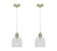 firstchoicelighting Set of 2 Clear Glass Cloche Ceiling Light Pendants with Satin Brass and Clear Cable, Height Adjustable 23-130cm, Kitchen Island Dining Lighting