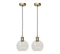 firstchoicelighting Set of 2 Clear Glass Globe Ceiling Light Pendants with Vintage Style Antique Brass Cable Kit, Height Adjustable, Kitchen Island Dining Lighting