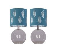 firstchoicelighting Set of 2 Clear Glass Globe Table Lamps or Bedside Lights, Modern Design, Height 30cm, Teal Fern Shade, LED Compatible