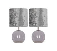 firstchoicelighting Set of 2 Clear Glass Globe Table Lamps or Bedside Lights, Modern Design, Height 36cm, Grey Crushed Velvet Shade, LED Compatible