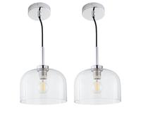 firstchoicelighting Set of 2 Clear Glass with Chrome Detail Ceiling Light Fittings, Modern Kitchen Dining Pendant Lights, Height Adjustable, Maximum Height 120cm, Diameter 24cm