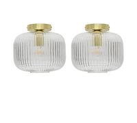 firstchoicelighting Set of 2 Clear Ribbed Glass Ceiling Light Flush Fittings with Satin Brass Detail, Modern Low Ceiling Lighting