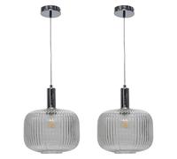 firstchoicelighting Set of 2 Clear Ribbed Glass Ceiling Light Pendants with Modern Deco Style Chrome Cable Kit, Height Adjustable, Kitchen Island Dining Lighting