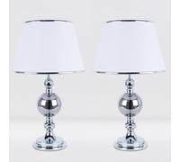 firstchoicelighting Set of 2 Contemporary Chrome and Smoked Glass Table Lamp or Bedside Lights with White Fabric Shades