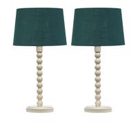 firstchoicelighting Set of 2 Cream Bobbin Design Table Lamps or Bedside Lights, Dark Green Cotton Shades with Gold Inner