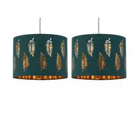 firstchoicelighting Set of 2 Dark Green Pendant Shades, Easy Fit Ceiling Lightshades, Fern Leaf Cut Out Design, Diameter 30cm
