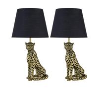 firstchoicelighting Set of 2 Gold Cheetah Table Lamps or Bedside Lights with Black Fabric Shades, Resin Base, Height 47cm, LED Compatible