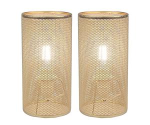 firstchoicelighting Set of 2 Gold Cylinder Table Lamps or Bedside Lights, Retro Industrial Mesh Design, 20cm Height, LED Compatible