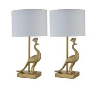 firstchoicelighting Set of 2 Gold Peacock Table Lamps or Bedside Lights with White Fabric Shade, Resin Base, Height 41cm, LED Compatible