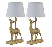 firstchoicelighting Set of 2 Gold Stag Table Lamps or Bedside Lights with White Fabric Shade, Resin Base, Height 41cm, LED Compatible