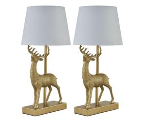 firstchoicelighting Set of 2 Gold Stag Table Lamps or Bedside Lights with White Fabric Shade, Resin Base, Height 41cm, LED Compatible