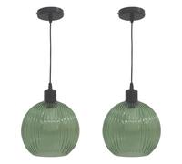 firstchoicelighting Set of 2 Green Ribbed Glass Globe Ceiling Light Pendants with Black, Height Adjustable 23-130cm, Kitchen Island Dining Lighting