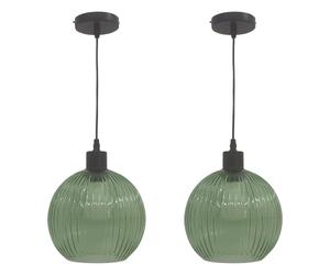 firstchoicelighting Set of 2 Green Ribbed Glass Globe Ceiling Light Pendants with Black, Height Adjustable 23-130cm, Kitchen Island Dining Lighting
