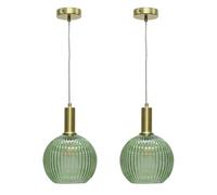 firstchoicelighting Set of 2 Green Ribbed Glass Globe Ceiling Light Pendants with Modern Deco Style Satin Brass Cable Kit, Height Adjustable, Kitchen Island Dining Lighting
