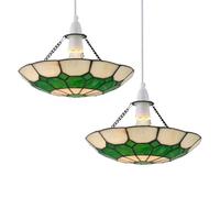 firstchoicelighting Set of 2 Green Tiffany Uplight Pendant Shades, Easy Fit Ceiling Lightshades, Traditional Coloured Glass Design