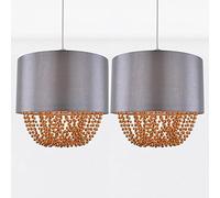 firstchoicelighting Set of 2 Grey Faux Silk Ceiling Lightshades, Copper Beaded Detail, Modern Pendant Light Shade, Diameter 25cm