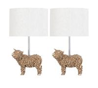 firstchoicelighting Set of 2 Highland Cow Table Lamp or Bedside Lights with Oatmeal Linen Fabric Shade, Resin Animal, Height 42 cm, LED Compatible