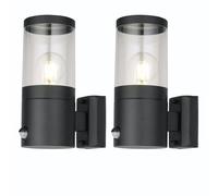 firstchoicelighting Set of 2 Modern Black Outdoor Motion Sensor Wall Lights, IP44 Waterproof Garden Porch PIR Security Light, Clear Diffuser, LED Compatible