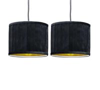 firstchoicelighting Set of 2 Modern Black Pleated Velvet Ceiling Pendant/Table Lamp Easy Fit 25cm Light Shades, Gold Inner