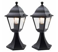 firstchoicelighting Set of 2 Modern Black with Clear Glass Lantern Design Outdoor Post Lights, Garden Pedestal Light, IP44 Rated, Compatible with LED Bulbs