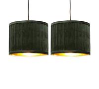 firstchoicelighting Set of 2 Modern Dark Green Pleated Velvet Ceiling Pendant/Table Lamp Easy Fit 25cm Light Shades, Gold Inner