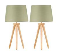 firstchoicelighting Set of 2 Modern Light Oak Table Lamp or Bedside Lights, Wood Tripod Design, Sage Green Shades