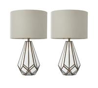 firstchoicelighting Set of 2 Modern Table Lamps or Bedside Lights, Antique Brass with Glass Base, Linen Fabric Shade, Height 50cm