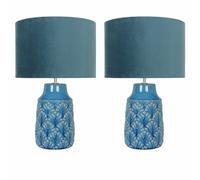firstchoicelighting Set of 2 Modern Teal Ceramic Table Lamp or Bedside Lights Retro Modern Design Velour Shade Height 46 cm LED Compatible