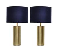 firstchoicelighting Set of 2 Modern Touch Operated Table Lamps or Bedside Lights, Gold Base with Navy Blue Velvet Shade, Height 40cm