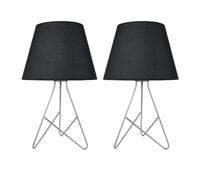 firstchoicelighting Set of 2 Modern Tripod Table Lamps or Bedroom Bedside Lights, Silver Base with Black Fabric Shade, Height 42 cm, LED Compatible