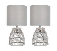 firstchoicelighting Set of 2 Natural Bamboo Table Lamps or Bedside Lights, Grey Wash Finish with Grey Fabric Shade, Height 31.5 cm, Wicker Rattan Lighting