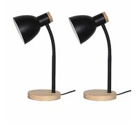firstchoicelighting Set of 2 Natural Design Table Lights or Bedside Lamps, Black with Wood Detail Flexi Arm Adjustable Desk Lamp, LED Compatible, Height 36 cm