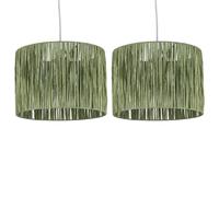firstchoicelighting Set of 2 Natural Green Raffia Straw Easy Fit Ceiling Pendant Lightshades or Table Lampshades, 28cm Diameter