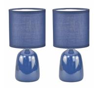 firstchoicelighting Set of 2 Navy Blue Ceramic 26cm Table Lamps or Bedside Lights with Matching Fabric Shades, LED Compatible