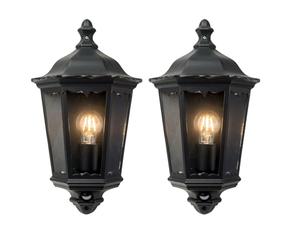 firstchoicelighting Set of 2 Outoor Motion Sensor Activated Wall Lights, Matt Black Clear Glass, IP44 Waterproof, LED Compatible, Half Lantern Porch Security Light