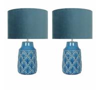 firstchoicelighting Set of 2 Peacock Ceramic Lamps with Teal Velour Shade