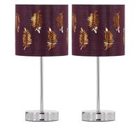 firstchoicelighting Set of 2 Polished Chrome Table Lamp or Bedside Lights, Modern Design, Burgundy Leaf Cut Out Shades, Height 35cm, LED Compatible