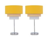 firstchoicelighting Set of 2 Polished Chrome Table Lamps or Bedside Lights, Modern Design, Ochre Yellow Ombre Linen Tiered Shade, Height 35cm, LED Compatible