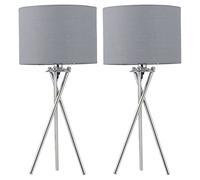 firstchoicelighting Set of 2 Polished Chrome Tripod Table Lamps or Bedside Lights, Modern Design, Grey Cotton Fabric Shade, Height 52cm, LED Compatible
