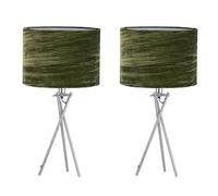 firstchoicelighting Set of 2 Polished Chrome Tripod Table Lamps or Bedside Lights, Modern, Green Crushed Velvet Shade, Height 52cm, LED Compatible