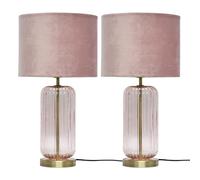 firstchoicelighting Set of 2 Ribbed Glass Brass Table Lamps or Bedside Lights, Blush Pink Glass with Pink Velvet Shade, Height 49cm.